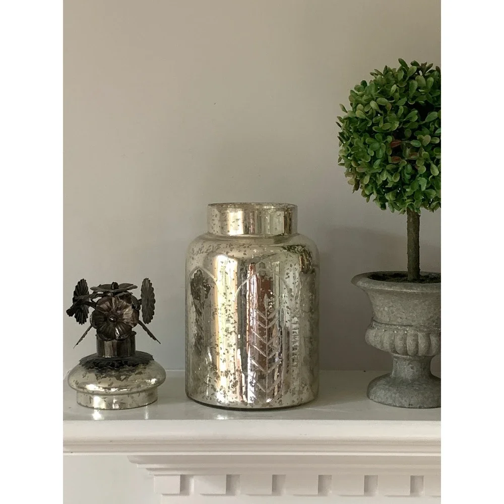 Vintage Mercury Glass Apothecary Jar Etched Silver Canister Metal Flower Lid 11